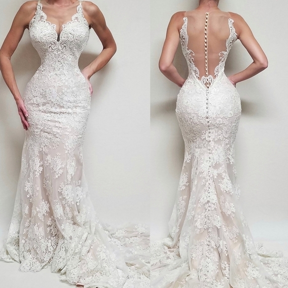 ALLURE Bridals 9363 Antique Ivory Illusion Lace Beaded Button Wedding Dress 8 - Picture 1 of 16